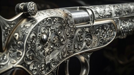 A detailed view of a handgun with intricate engravings on the metal