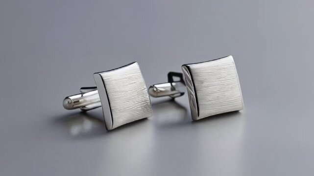 Pair of silver-plated cufflinks with a subtle texture, placed on a sleek surface