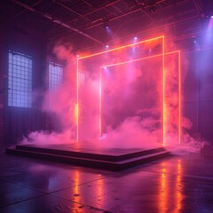 Stage with Glowing Backdrop and Hazy Atmosphere