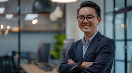 Fototapeta premium Confident Asian Businessman Smiling with Arms Crossed in Office Setting