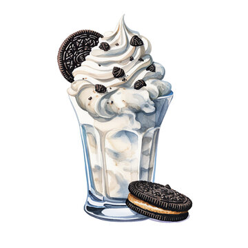 recommend clip art: A Cookies and Cream: Vanilla ice cream blended with whole Oreo cookies, topped with whipped cream and crushed Oreos. , watercolor illustration clipart