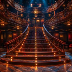 Obraz premium Sweeping Staircase to Expansive Shadowy Theater Stage