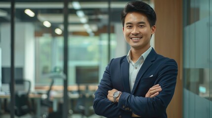 Fototapeta premium Confident Asian Businessman Smiling with Arms Crossed in Office Setting