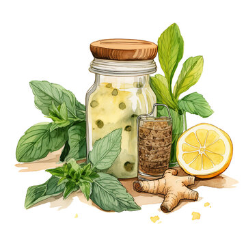 watercolor jar, lemon, ginger, mint, healthy drink clip art preview