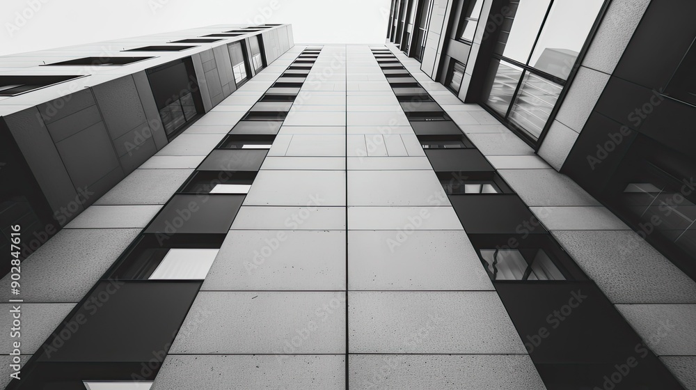 Poster abstract architecture of a modern building exterior, emphasizing geometric shapes and unique perspec