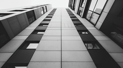 Abstract architecture of a modern building exterior, emphasizing geometric shapes and unique perspectives