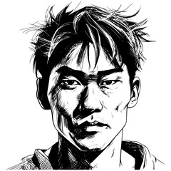Man portrait in hand drawing or engraving style. 60s styled beautiful comic book character, in black and white