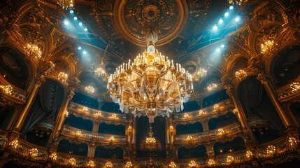 Opulent Chandelier Above Gilded Theater Stage