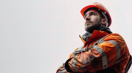 Obraz premium Construction Worker: A Determined Gaze: A steadfast construction worker in his safety gear, gazing upwards with unwavering determination