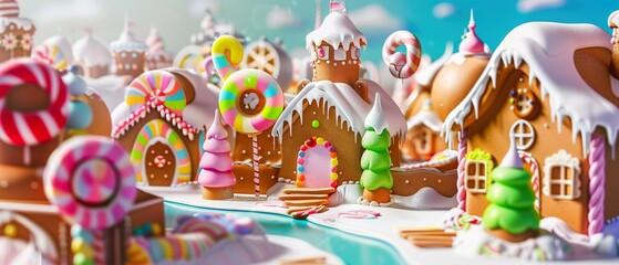 Naklejka premium a decorative gingerbread city made of sweets sweets and chocolate. generative ai