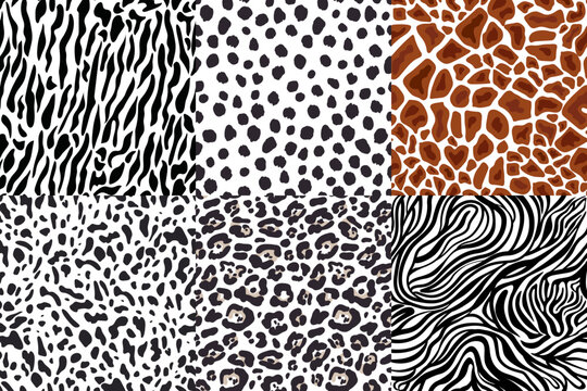 6 Wild Animal Prints. Seamless Patterns. Tiger, Leopard, Zebra, Giraffe, Hyena, Cheetah. Abstract Patterns on White Backdrop. Hand-Drawn Animal Skin Backgrounds. Vector Tiles with Wild Animal Fur.