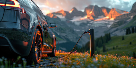 An electric car charging at a station in a picturesque mountainous landscape during sunset, highlighting sustainable travel.