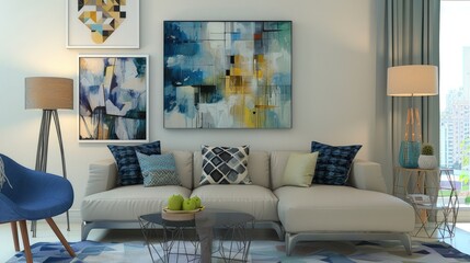 Modern living room with abstract paintings and geometric cushions, showcasing a trendy interior design.