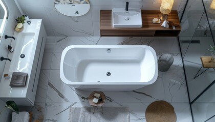 a top view of an elegant bathroom with a bathtub