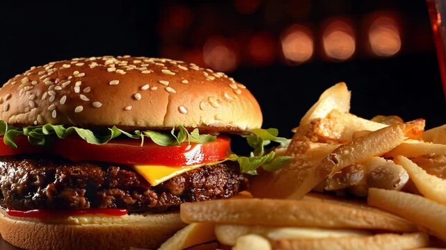 Slowmotion food: perfect hamburger meal, dolly out.