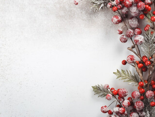Red berries and pine tree branches Natural decoration for Christmas Space for text