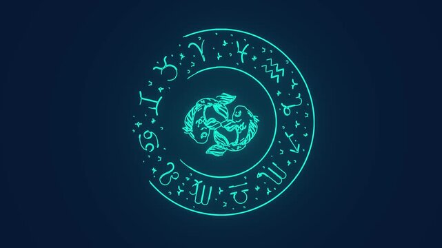 pisces zodiac with astrology circle and horoscope symbols for mystical and spiritual neon animation