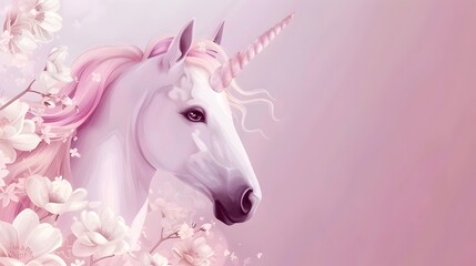 Enchanting Unicorn Surrounded by Delicate Pink Flowers on Pastel Background