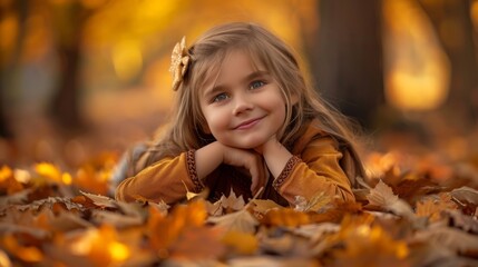 Fototapeta premium Young girl with a hair accessory smiling and resting her head on her hands amidst colorful autumn leaves in a park.