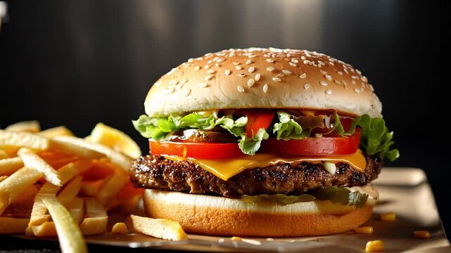 Slowmotion food: perfect hamburger meal, dolly out.