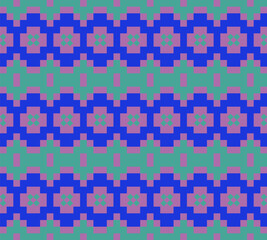 Ethnic geometric fabric pixel pattern cross Stitch. Ikat embroidery in blue and green on pink background. Abstract vector illustration for Textile ,clothing, scarf, motifs, silk and etc.