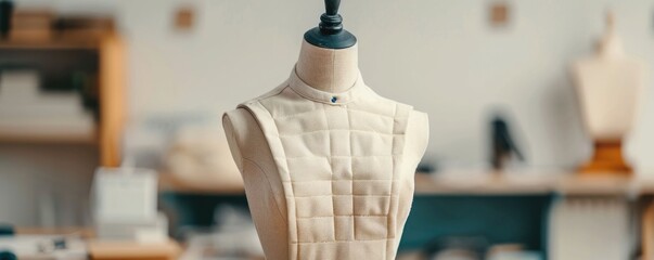 Closeup of a headless mannequin or display form in a studio setting showcasing various DIY costume ideas and fashion design projects with diverse fabrics patterns and sewing materials