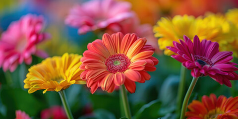 Vibrant and colorful gerbera daisies in full bloom, showcasing various hues of pink, yellow, and orange.