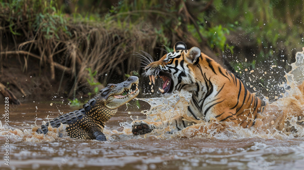 Wall mural tiger fighting with crocodile in the river