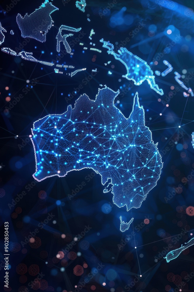 Poster a blue and white globe with australia in the center. the globe is made of a web of lines and dots