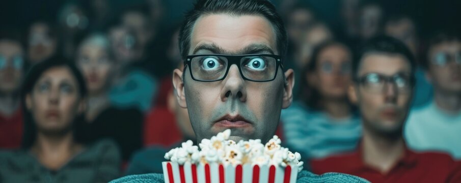 A man wearing glasses reacts with wide eyed surprise and a startled expression while watching a horror movie marathon in a crowded cinema