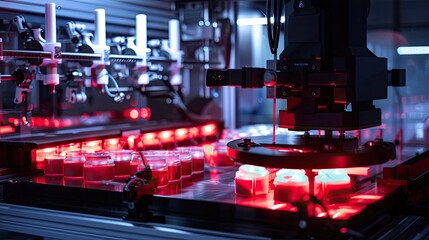 Automated industrial machine for plastic packaging, illuminated by dramatic lighting effects