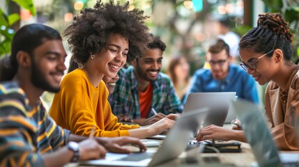 A group of people are sitting around a table with laptops open, working together