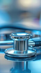 Close-up of a stethoscope head on a blue background