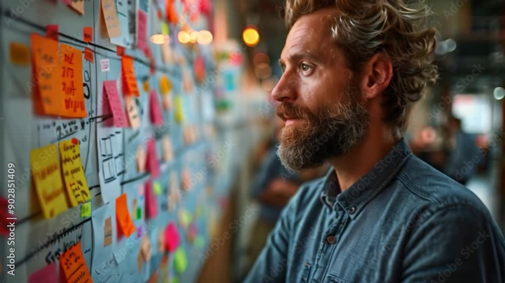 Poster this man focuses intently on a wall filled with sticky notes during a group brainstorming session.