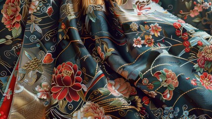 Naklejka premium A close-up view showcases the vibrant colors and elaborate floral embroidery of a traditional Japanese kimono
