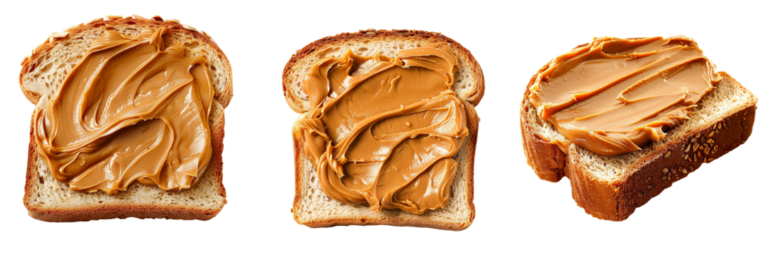 Set of bread with a thick layer of peanut butter isolated on transparent background