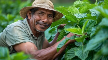 A worker carefully harvests ripe tobacco leaves in a lush green field