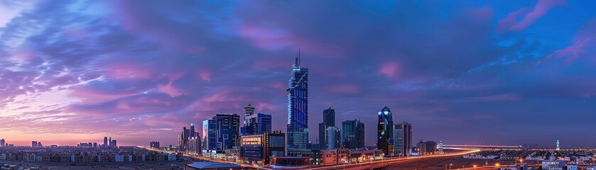 Obraz premium A city skyline at night with a dark sky and clouds. The city is lit up with lights from the buildings and streetlights. Scene is calm and peaceful, as the city is quiet and still at night
