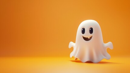 3d illustration of a ghost with cartoon style face on orange background