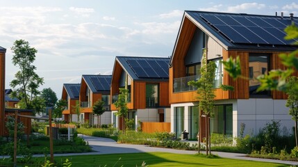 A row of houses with solar panels on the roofs. The houses are all white and have balconies