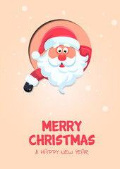 Merry Christmas and Happy New Year greeting card with Santa Claus. Vector illustration. on the beige background.