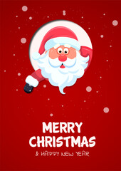 Merry Christmas and Happy New Year greeting card with Santa Claus. Vector illustration. on the red background.