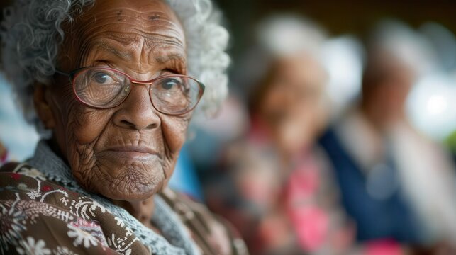 An elderly person is depicted sitting in focus while others are out of focus, dressed in colorful attire, highlighting the contrast and serene atmosphere.
