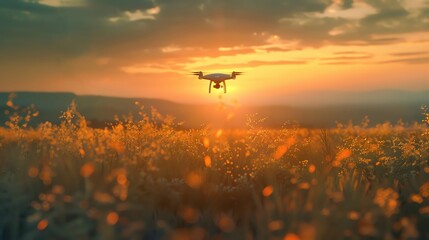 Drone flying over a field of wildflowers at sunset.
