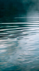 Gentle ripples dance across the surface of a calm, reflective waterbody, creating a serene ambiance, captured in cool and soothing hues of blue and green.
