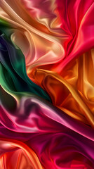 Obraz premium Vibrant satin fabric draped in flowing textures, featuring a blend of rich colors including red, orange, green, and pink, showcasing a silky sheen and intricate folds
