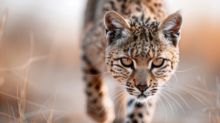 Fototapeta premium A close-up image of a bobcat walking towards the camera in a dry, grassy landscape, displaying its sharp gaze and spotted fur pattern with a slightly blurred background.