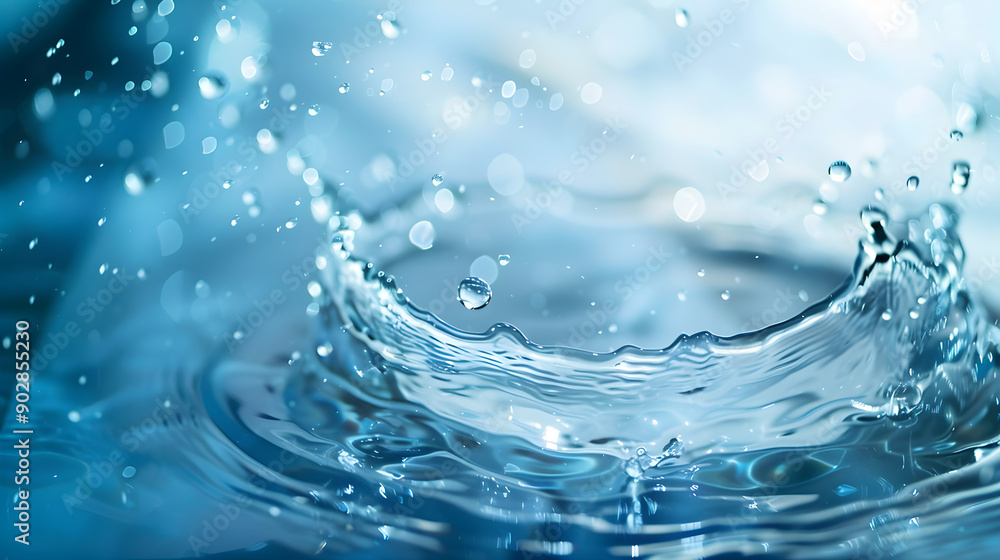 Poster water droplets splash into a serene blue surface, creating dynamic waves and sparkles. the image cap
