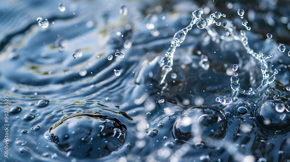 Poster water droplets splash on a serene surface, creating ripples and bubbles in a tranquil blue setting w