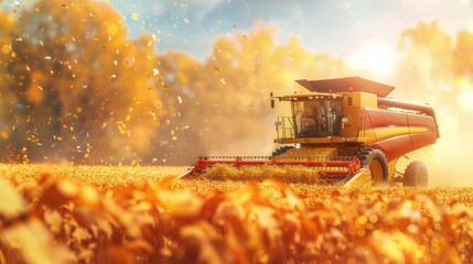 Fototapeta premium Autumn harvest realistic photo of combine harvester on a sunny day in the field